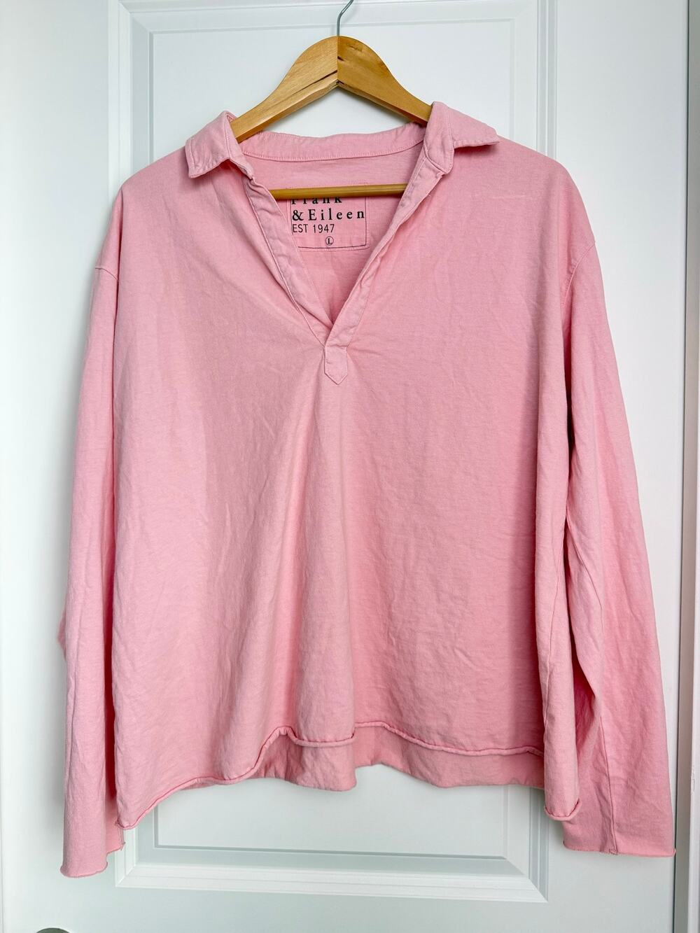 NWOT Frank & Eileen Patrick Popover Henley Cotton Jersey Top Pink Large w/FLAW*